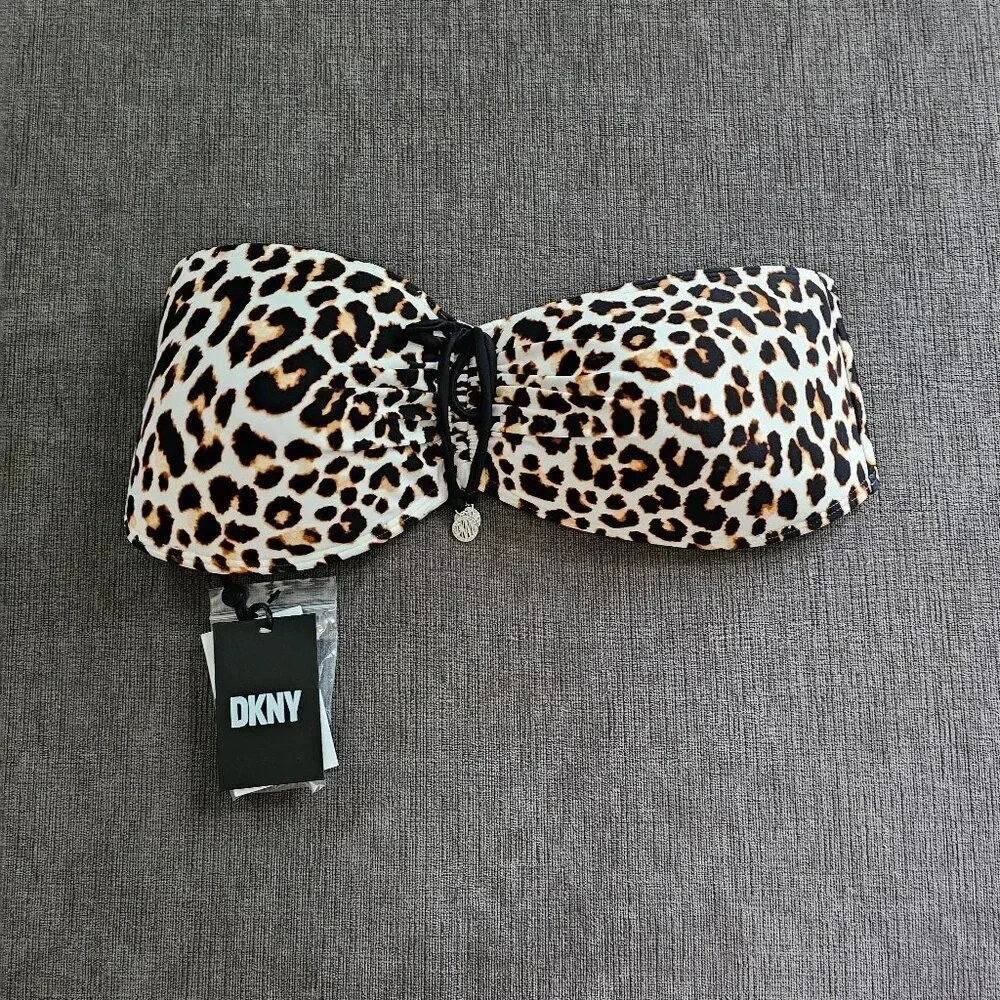 DKNY Women's Leopard-Print Bandeau Tie-Front Bikini Top Size Large